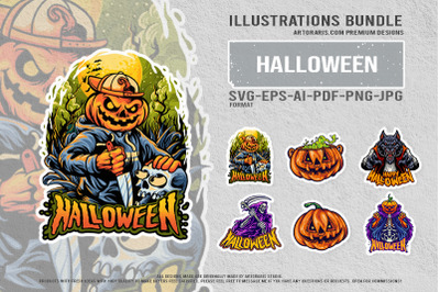 Halloween Night Creatures Pumpkin Monsters And Creepy Werewolf Pack
