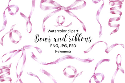 Bows Ribbons Pink Watercolor Clipart PNG