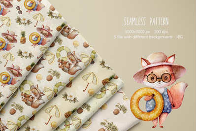 Watercolor Cute Fox Summer Seamless Pattern