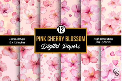 Pink Watercolor Cherry Blossoms Digital Paper