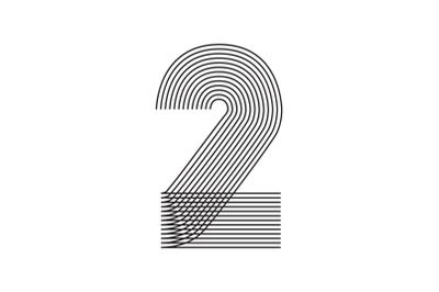 Number two 2 Line Art in black thin lines striped isolated on white ba