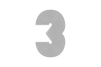 Number three 3 Line Art in black thin lines striped isolated on white