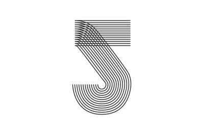 Geometric Number five 5 Line Art in black thin striped lines isolated