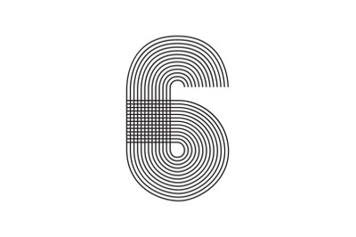 Geometric Number six 6 Line Art in black thin striped lines isolated o