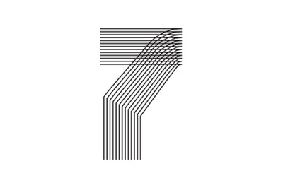Number seven 7 linear in black thin striped lines isolated on white ba