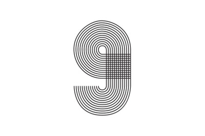 Number nine 9 linear in black thin striped lines isolated on white bac