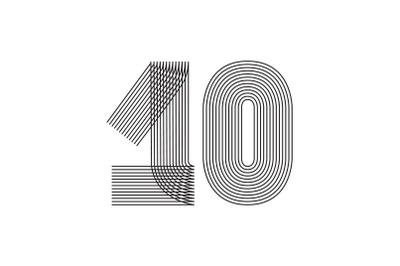 Number ten 10 line art in black thin striped lines isolated on white b
