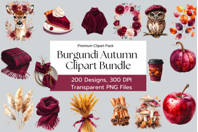Burgundy Autumn Clipart Bundle | 200 Fall PNG Illustrations