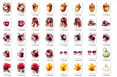 Burgundy Autumn Clipart Bundle | 200 Fall PNG Illustrations