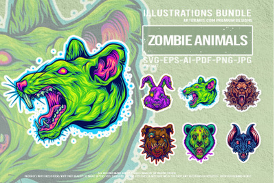 Grotesque Zombie Creatures Scary Cartoon Beast Heads Illustration