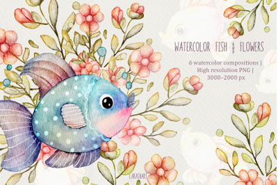Watercolor Fish and Flowers Clipart  Cute Underwater Floral Illustrati