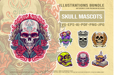 Mystic skull collection with crown flowers book fire Illustrations