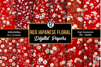 Cute Red Japanese Flowers Digital Papers