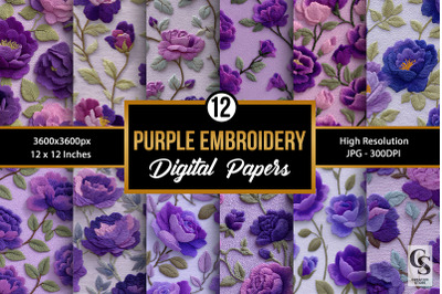 Purple Flowers Embroidery Digital Paper
