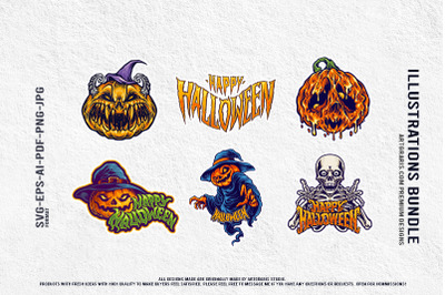 Cursed Pumpkin Faces And Haunted Skeleton Halloween Vector Pack