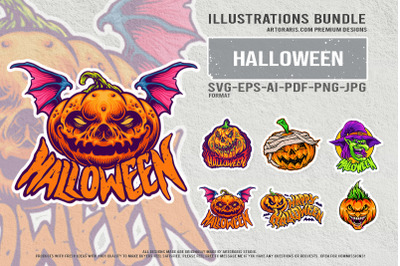 Halloween Pumpkin Monsters With Witch And Scary Faces Mascot
