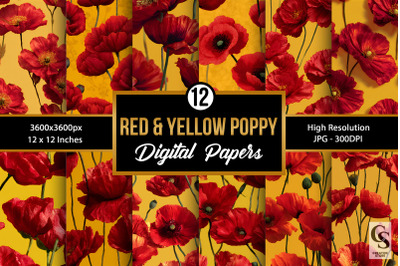 Red Yellow Poppy Flowers Digital Paper