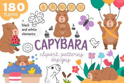Capybara clipart, patterns, designs collection