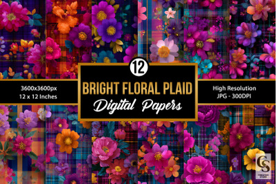 Bright Retro Floral Plaid Digital Paper