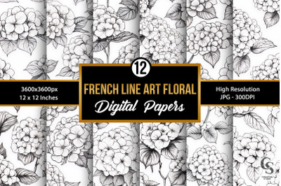 French Line Art Flowers Digital Paper