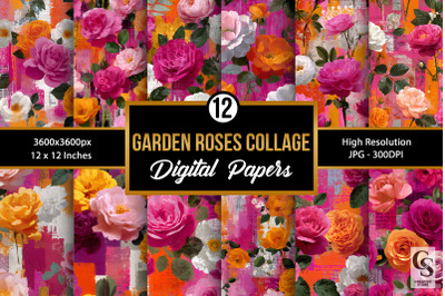 Pink Garden Roses Floral Collage Digital Paper