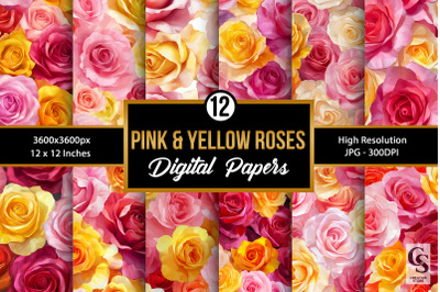 Pink and Yellow Roses Digital Paper Seamless Patterns