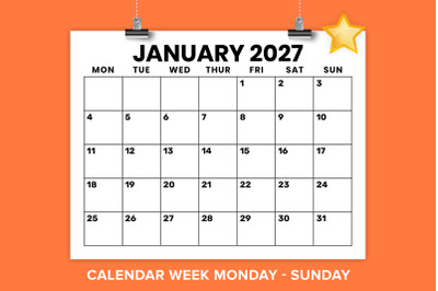 2027 8.5x11 Inch Large Number Monday to Sunday Calendar Template
