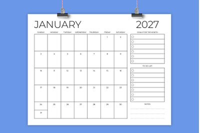 2027 8.5 x 11 Inch Calendar Monthly Planner