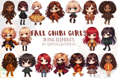 Fall Kawaii Chibi Girls Clipart, Fall Fashion Girls Graphics