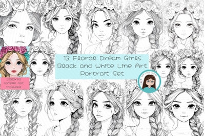 Black and White Line Art Portraits for Coloring &amp; Crafting