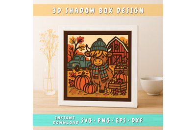 3D Highland Cow Fall Shadow Box SVG, Autumn Farm Scene Layered SVG