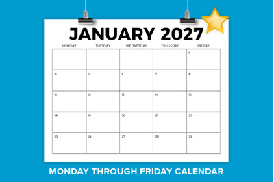 2027 8.5 x 11 Inch Bold Monday to Friday Calendar Template