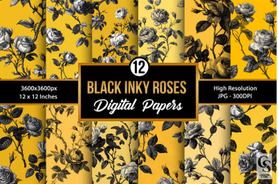 Black Ink Drawn Roses Seamless Pattern
