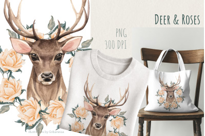 Watercolor Deer Floral PNG