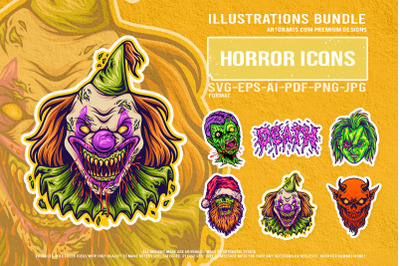 Creepy demon santa zombie clown death horror illustration set