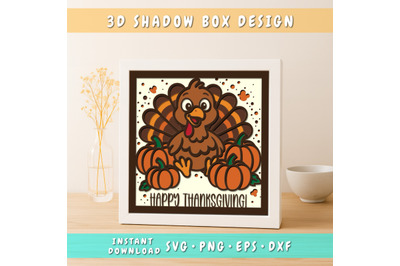 Thanksgiving Turkey 3D Shadow Box SVG, Happy Thanksgiving Layered SVG