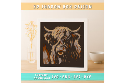 Rustic Highland Cow 3D Shadow Box SVG, Layered Cow Paper Cut Template