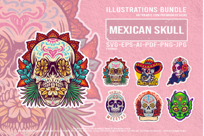 Mystical Mexican Skulls With Flowers and Alien Art illustrations