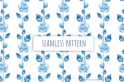 Watercolor Blue Rose Pattern