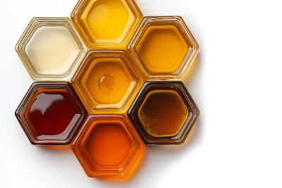 Variety of honey in hexagonal glasses