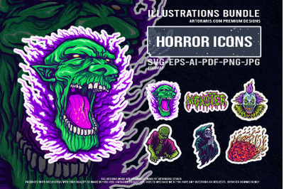 Spooky clown zombie goblin fireball grim reaper monster graphic set
