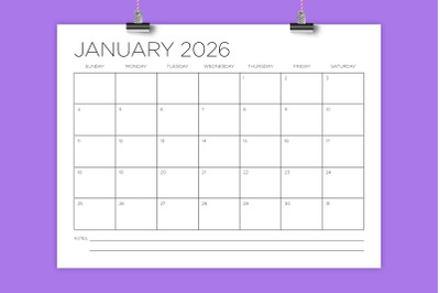 2026 12 x 9 Thin Sans Serif Calendar Template