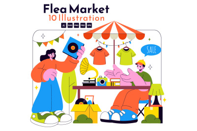 10 Flea Market Vector Illustration