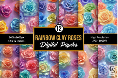 3D Rainbow Colorful Clay Roses Seamless Patterns