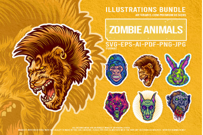 Zombie Animal Heads Horror Beast Vector Illustration