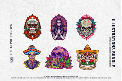 Mexican Festival Skulls and Da de los Muertos Illustration Set