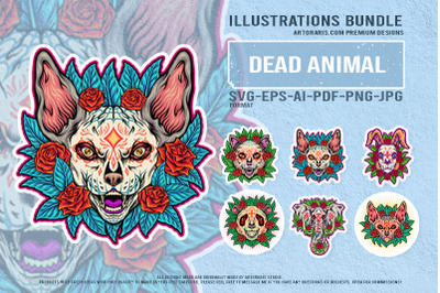 Day Of The Dead Animal Horror With Roses Illustrations