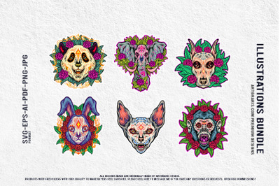 Macabre Mexican Animal Heads With Roses Tattoo Vector Design