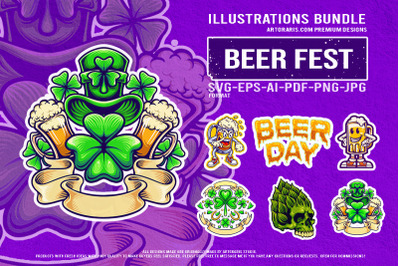 Beer Day Illustration Collection With Hops And Clover Icons