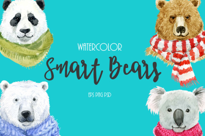 Watercolor Smart Bears  (VECTOR + PSD +PNG)